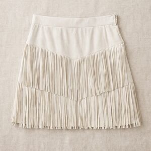 Western Chic Off White Faux Suede Tiered Fringe Stretch Cowgirl Mini Skirt